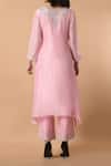 Shop_Samyukta Singhania_Pink Organza, Silk Embroidery Split V-neck Yoke Asymmetric Kurta Pant Set _at_Aza_Fashions