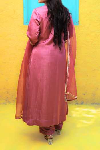 Shop_Samyukta Singhania_Magenta Denim, Organza Beads, Sequins, Floral Embroidered Bodice Kurta Pant Set _at_Aza_Fashions