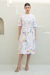 Merakus_Multi Color Cotton Poplin Print Floral Scribble Round Neck Midi Dress _Online_at_Aza_Fashions