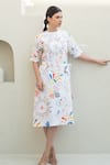 Buy_Merakus_Multi Color Cotton Poplin Print Floral Scribble Round Neck Midi Dress _Online_at_Aza_Fashions