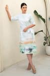 Merakus_Multi Color Cotton Poplin Print Moss Effect Round Neck Midi Dress _at_Aza_Fashions