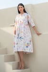 Merakus_Multi Color Cotton Poplin Print Fleur Scribble Cuban Collar Dress _Online_at_Aza_Fashions