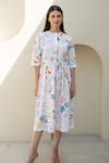 Merakus_Multi Color Cotton Poplin Print Bloom Stroke Round Neck Midi Dress _Online_at_Aza_Fashions