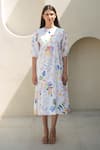 Merakus_Multi Color Cotton Poplin Print Bloom Scribble Round Neck Midi Dress _Online_at_Aza_Fashions