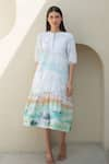 Shop_Merakus_Multi Color Cotton Poplin Print Moss Watercolor Effect Round Neck Midi Dress _Online_at_Aza_Fashions