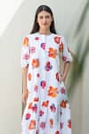 Merakus_Multi Color Cotton Poplin Print Bloom Round Neck Midi Dress _Online_at_Aza_Fashions