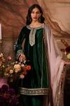 Lashkaraa_Green Velvet, Net Sequins, Embroidery Round Neck Kurta Pant Set_at_Aza_Fashions