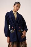 Buy_Cord_Blue Wool Embroidery Floral Ink Blazer _Online_at_Aza_Fashions