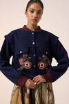 Buy_Cord_Blue Wool Applique Mandarin Collar Floral Embroidered Jacket 