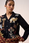 Cord_Black Corduroy Embroidery Collared Jungle Applique Cropped Shirt _at_Aza_Fashions