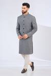 Kasbah_Gray Silk Embroidery Grey Butti Sherwani _Online_at_Aza_Fashions