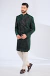 Kasbah_Green Velvet Embroidery Geometric Sherwani _Online_at_Aza_Fashions