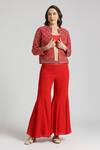 Buy_Neha Mehra_Red Crepe Embroidery Open Neck Geometric Vine Jacket Sharara Set _at_Aza_Fashions