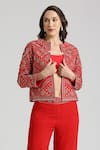 Neha Mehra_Red Crepe Embroidery Open Neck Geometric Vine Jacket Sharara Set _Online_at_Aza_Fashions