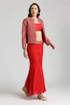 Shop_Neha Mehra_Red Crepe Embroidery Open Neck Geometric Vine Jacket Sharara Set _Online_at_Aza_Fashions