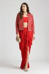 Buy_Neha Mehra_Red Crepe Embroidery, Ruffles Open Neck Geometric Vine Jacket And Skirt Set _at_Aza_Fashions