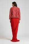 Shop_Neha Mehra_Red Crepe Embroidery, Ruffles Open Neck Geometric Vine Jacket And Skirt Set _at_Aza_Fashions