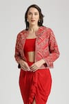 Buy_Neha Mehra_Red Crepe Embroidery, Ruffles Open Neck Geometric Vine Jacket And Skirt Set _Online_at_Aza_Fashions