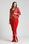 Shop_Neha Mehra_Red Crepe Embroidery, Ruffles Open Neck Geometric Vine Jacket And Skirt Set _Online_at_Aza_Fashions
