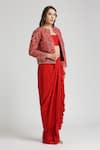 Neha Mehra_Red Crepe Embroidery, Ruffles Open Neck Geometric Vine Jacket And Skirt Set _at_Aza_Fashions