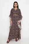 Buy_Neha Mehra_Black Satin Embroidery, Lace V-neck Geometric Bloom Print Kaftan With Belt _at_Aza_Fashions