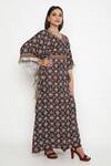 Neha Mehra_Black Satin Embroidery, Lace V-neck Geometric Bloom Print Kaftan With Belt _at_Aza_Fashions