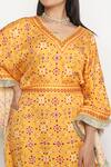 Neha Mehra_Orange Satin Embroidery V-neck Geometric Blossom Print Kaftan _Online_at_Aza_Fashions