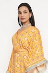 Neha Mehra_Orange Satin Embroidery V-neck Geometric Blossom Print Kaftan _at_Aza_Fashions