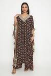 Buy_Neha Mehra_Black Satin V-neck Mosaic Flora Print Kaftan And Pant Set _at_Aza_Fashions
