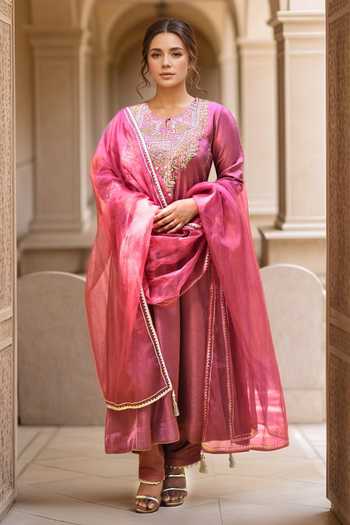 Buy_Samyukta Singhania_Magenta Denim, Organza Beads, Sequins, Floral Embroidered Bodice Kurta Pant Set _at_Aza_Fashions