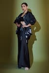 Buy_saangi by shubhangi_Black French Satin Print Doodle Blazer Lapel Collar And Draped Skirt Set _at_Aza_Fashions