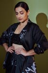 saangi by shubhangi_Black French Satin Print Doodle Blazer Lapel Collar And Draped Skirt Set _Online