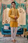 Shop_Kora By Nilesh Mitesh_Yellow Gokul Embroidered Bundi Floral Trellis Kurta Set _at_Aza_Fashions