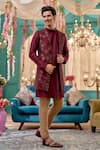 Shop_Kora By Nilesh Mitesh_Wine Prabal Embroidered Jacket Floral Kurta Set _at_Aza_Fashions