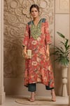 Buy_Samyukta Singhania_Multi Color Muslin, Chanderi Embroidery V-neck Floral Print Kurta And Pant Set_at_Aza_Fashions