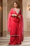 Buy_Samyukta Singhania_Red Chinnon Embroidery Rosa V Neck Yoke Kurta And Gharara Set _at_Aza_Fashions