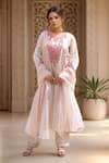 Buy_Samyukta Singhania_Cream Organza, Denim Embroidery Round Neck Paisley Bloom Thread Anarkali Set _at_Aza_Fashions