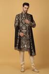 Buy_Aham-Vayam_Cream Cotton Silk Embroidery Floral Black Zari Sherwani Set _at_Aza_Fashions