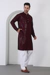 Aham-Vayam_Wine Cotton Embroidery Sequin Kurta Set _at_Aza_Fashions