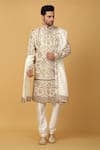 Buy_Aham-Vayam_Ivory Cotton Silk Embroidery Gulshan Sherwani Set _at_Aza_Fashions