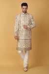 Shop_Aham-Vayam_Ivory Cotton Silk Embroidery Gulshan Sherwani Set _Online_at_Aza_Fashions