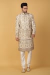 Aham-Vayam_Ivory Cotton Silk Embroidery Gulshan Sherwani Set _at_Aza_Fashions