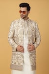 Aham-Vayam_Ivory Cotton Silk Embroidery Floral Sherwani Jacket Set _at_Aza_Fashions