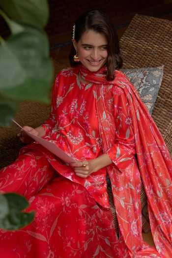 Archana Shah_Red , Satin Pearls, Gul Print Embroidered Kurta Set With Sharara _Online_at_Aza_Fashions