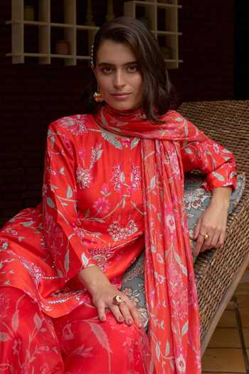 Shop_Archana Shah_Red , Satin Pearls, Gul Print Embroidered Kurta Set With Sharara _Online_at_Aza_Fashions