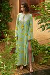 Buy_Archana Shah_Blue Crepe Zari, Embroidery Round Neck Floral Maxi Dress _at_Aza_Fashions