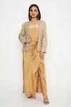 Buy_Neha Mehra_Gold Crepe Embroidery Open Neck Geometric Vine Bloom Jacket Set _at_Aza_Fashions