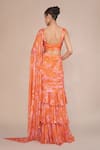 Shop_Ankita Dharman_Orange Muslin, Chiffon Sweetheart Neck Floral Printed Pre-draped Ruffle Saree _at_Aza_Fashions