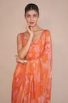 Buy_Ankita Dharman_Orange Muslin, Chiffon Sweetheart Neck Floral Printed Pre-draped Ruffle Saree _Online_at_Aza_Fashions