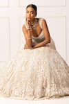 Isha Regalia_Beige Net, Satin Pearls, Sequins Round Floral Embroidered Bridal Lehenga Set _at_Aza_Fashions